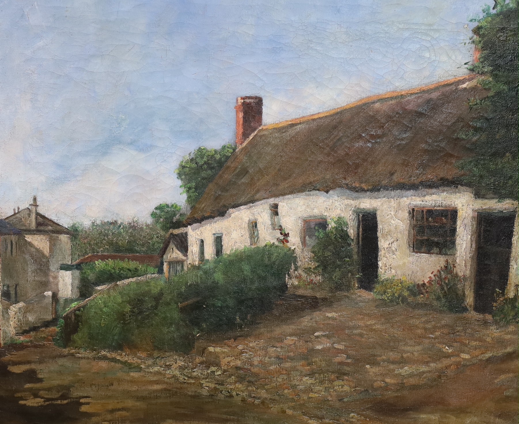 English School, oil on canvas, View of a lane with thatched cottage, 49 x 59cm